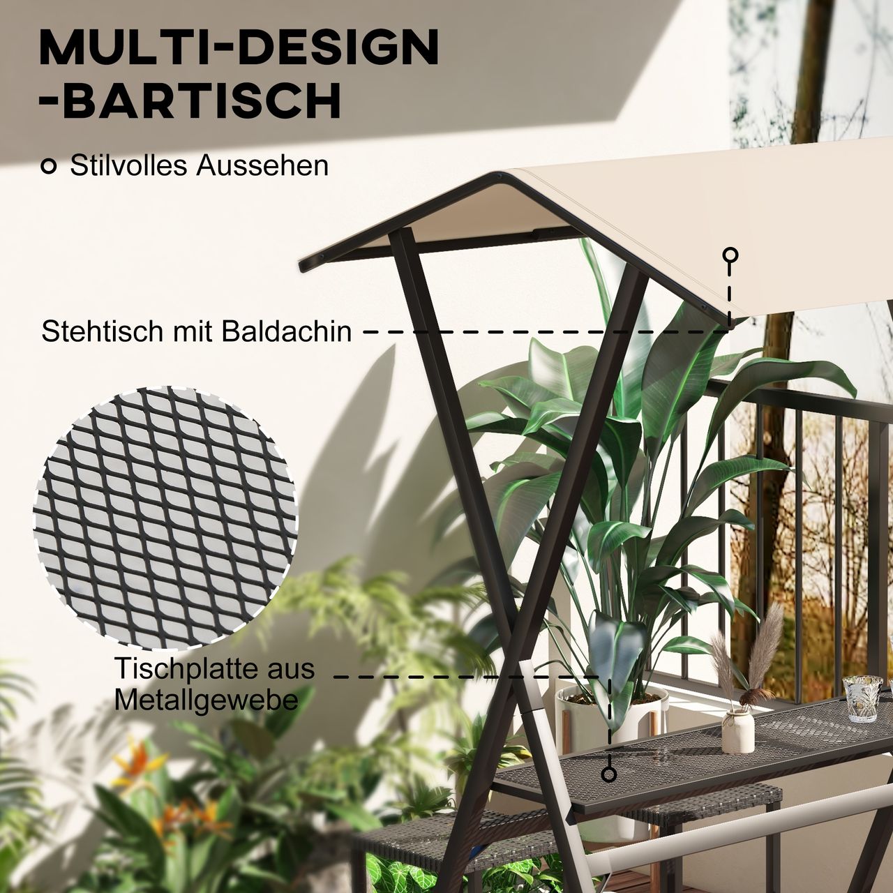 Outsunny Gartenbar-Set Rattan Bartisch mit 4 Barhockern, Stehtisch mit Dach