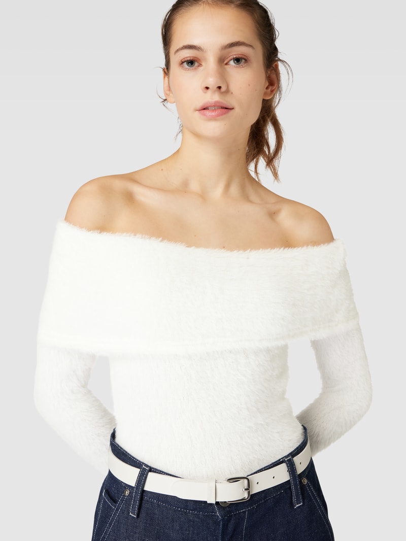 Strickpullover Off-Shoulder-Look Modell 'Fluffy' in weiss