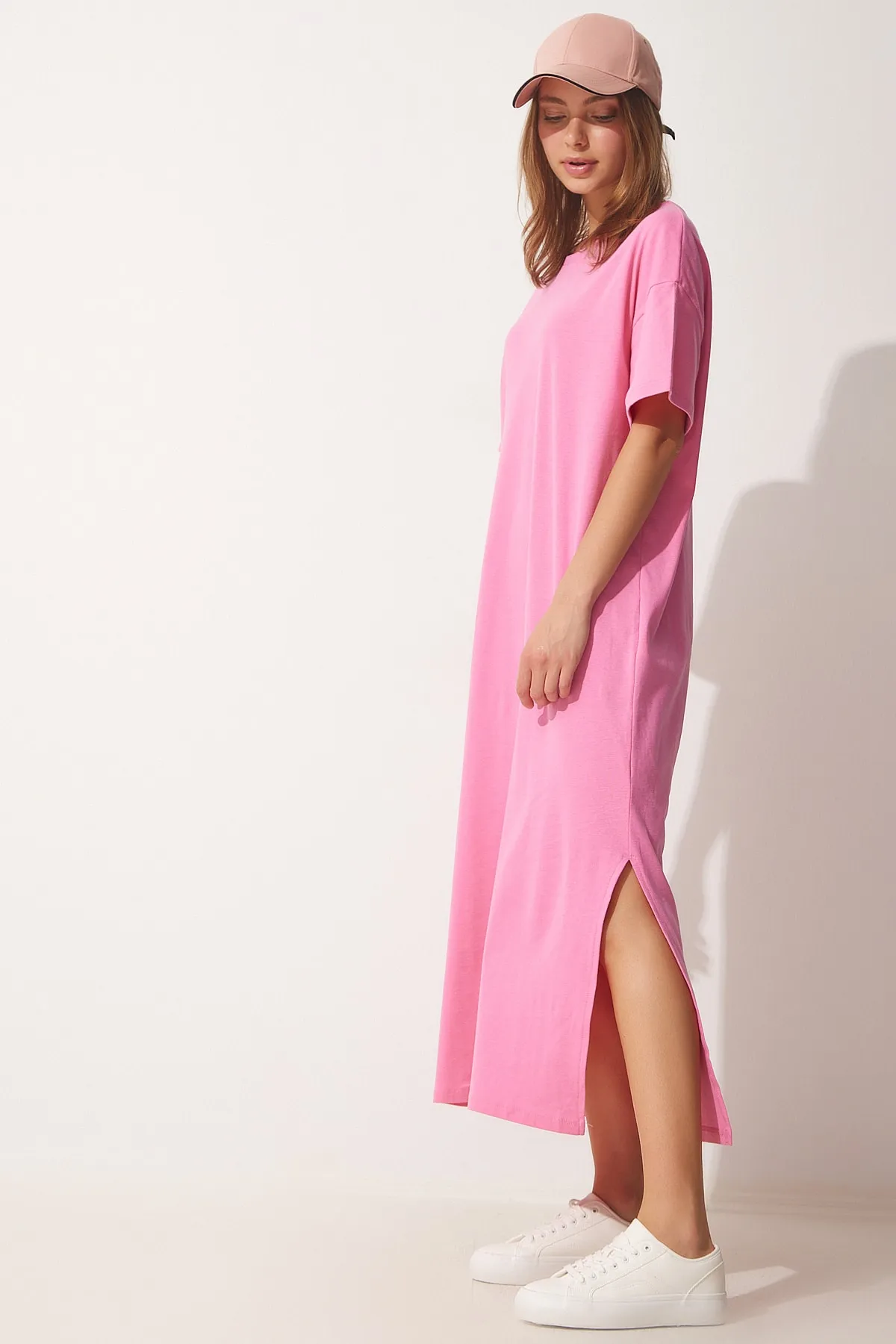 Happiness İstanbul  Hellrosa Baumwoll-Sommerkleid für Damen aus gekämmter Baumwolle UB00080