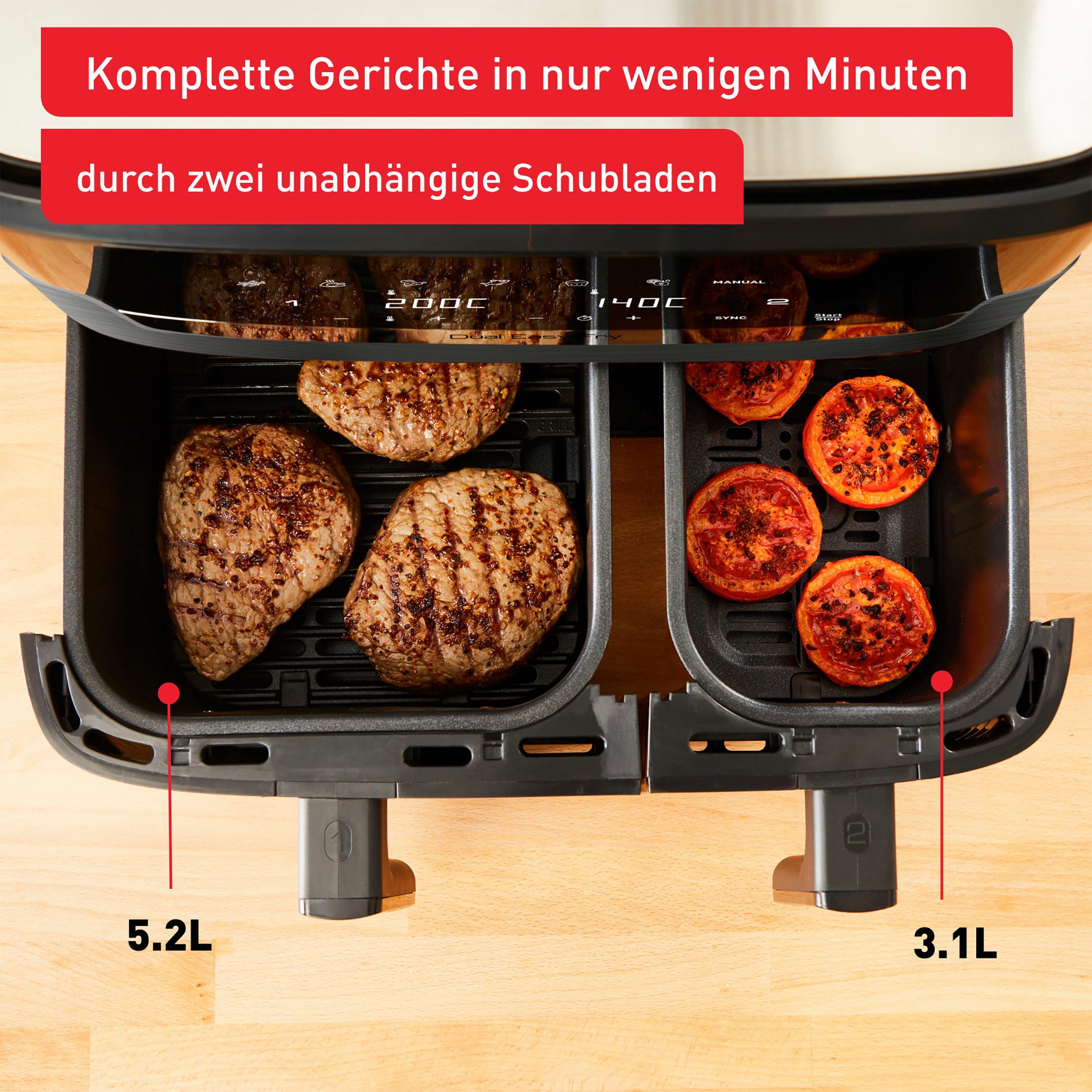 Tefal Heißluftfritteuse EY905B Dual Easy Fry & Grill Doppelkammer, 8,3 L Kapazität, 2 Laden, 2700 W, mit Hamburger Presse