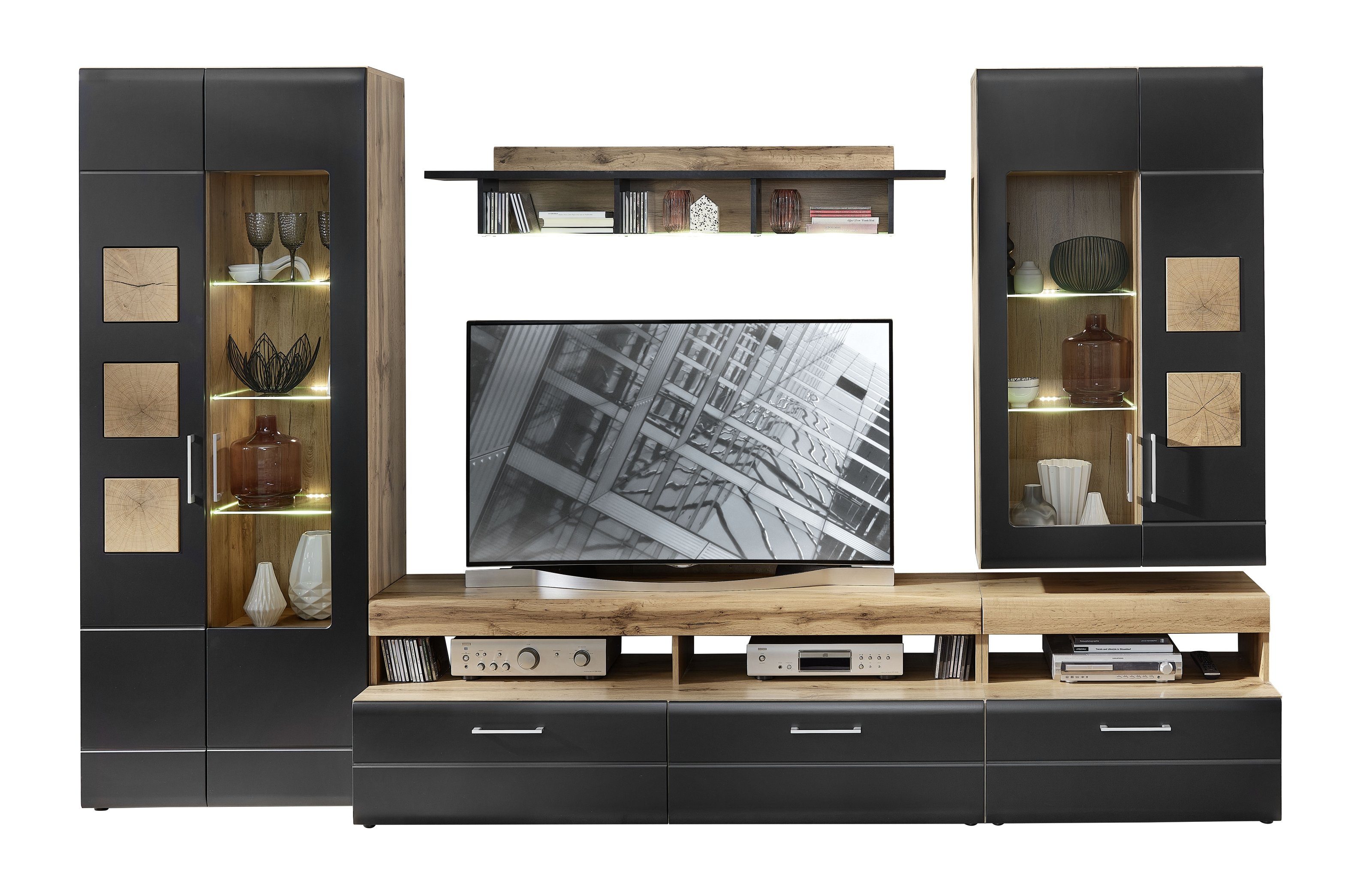 möbelando Wohnwand Sidonia, (5-St), Moderne Wohnwand. Korpus aus MDF in Eiche Altholz Nachbildung, Front in Lack Laminat schwarz supermatt, Griffe in chrom matt und Absetzung in Hirnholz Nachbildung