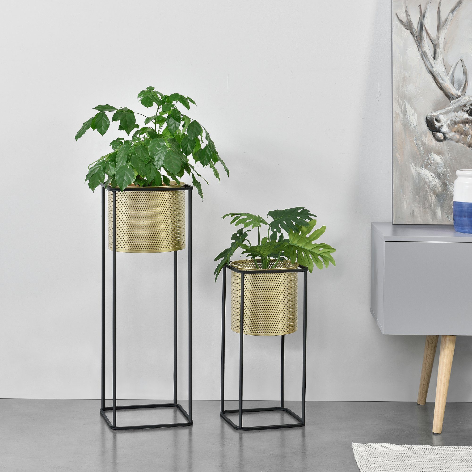 en.casa Blumenständer (Set, 2er), Mettet Pflanzenständer 2er Set Metall Goldfarben/Schwarz