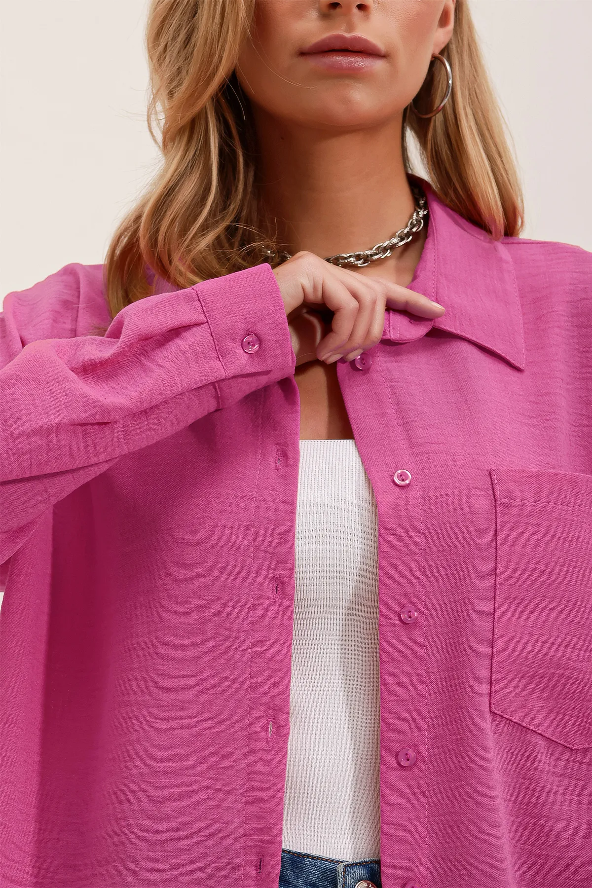 Bigdart  20153 Oversize-Leinenhemd mit einer Tasche – Fuchsia