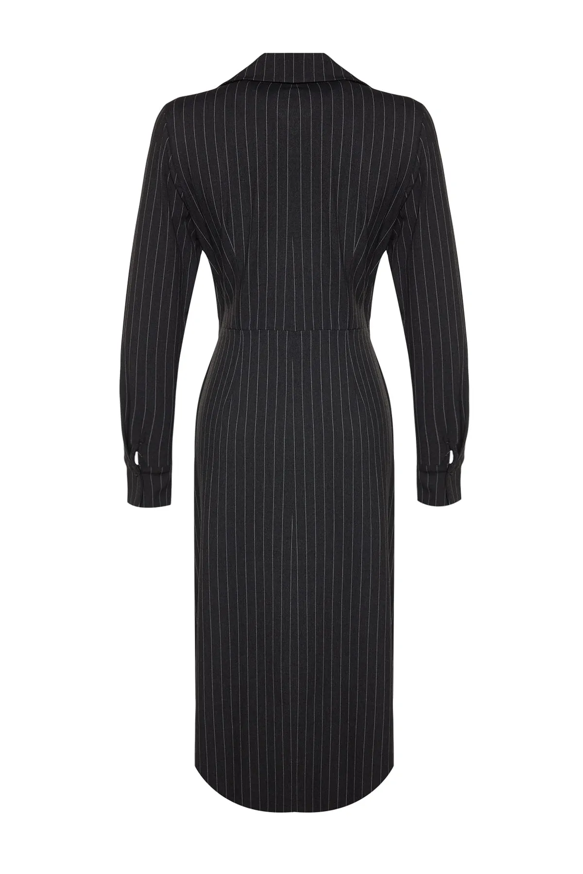 Trendyol Collection  Schwarzes gerade geschnittenes Midi-Kleid mit zweireihigem Verschluss, gestreiftes Kleid, gewebtes Kleid TWOAW24EL00239