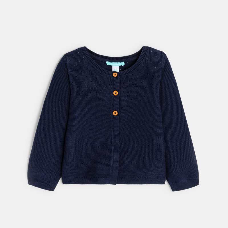 Gilet maille tricot effet pointelle bleu bébé fille