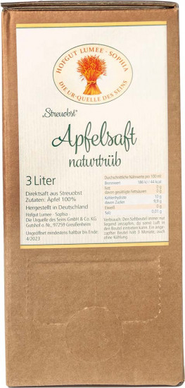 Apfelsaft naturtrüb BiB Bio 3,0 L - Hofgut Lumee-Sophia