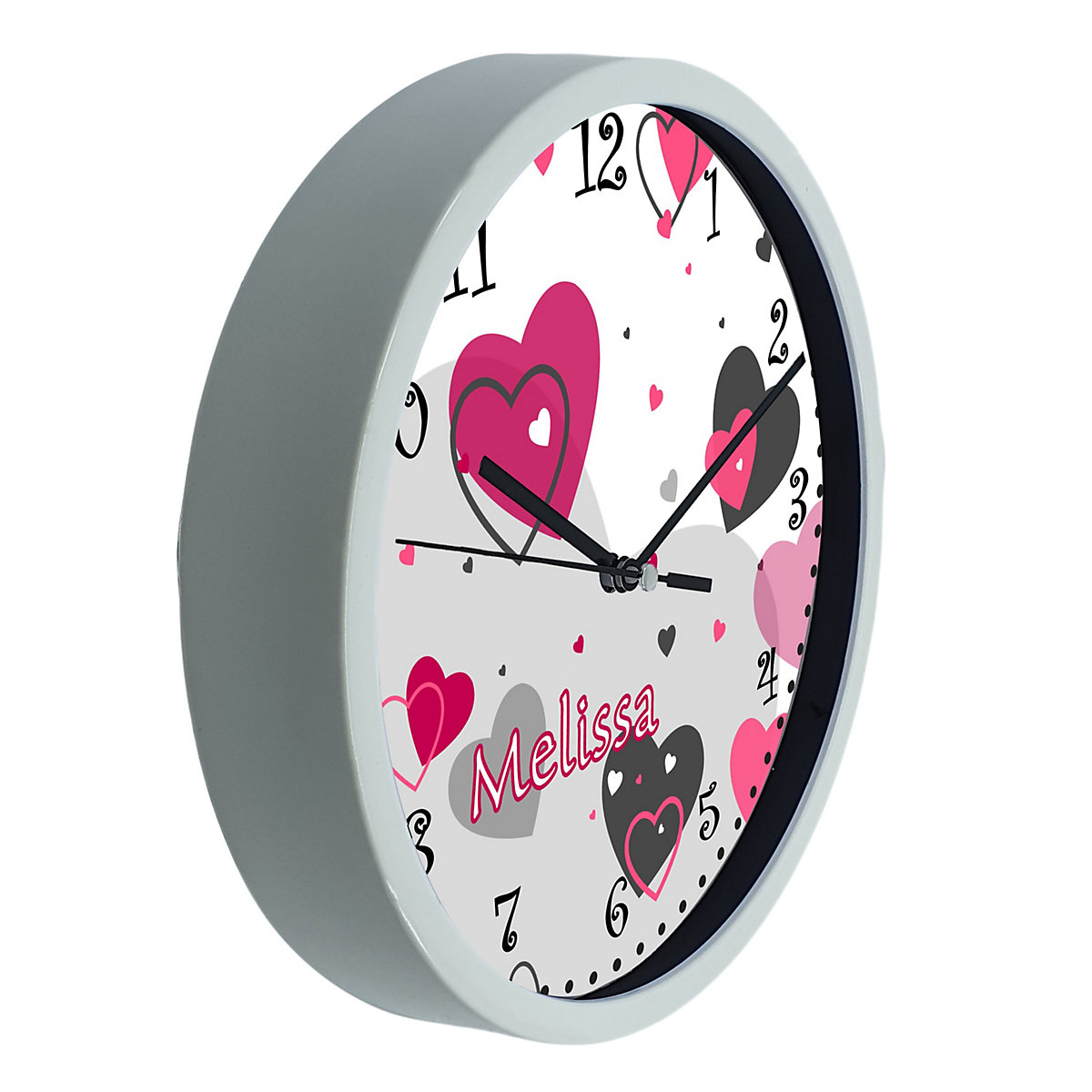 Kinder Wanduhr personalisiert mit Name Herz Rosa Grau