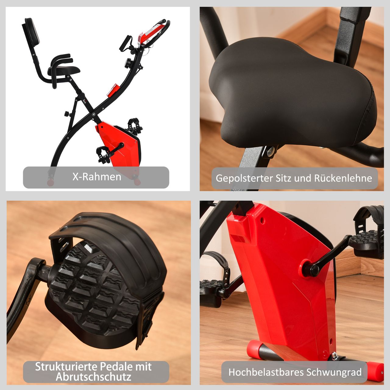 HOMCOM Heimtrainer X-Bike Fahrradtrainer LCD-Display klappbar Rot