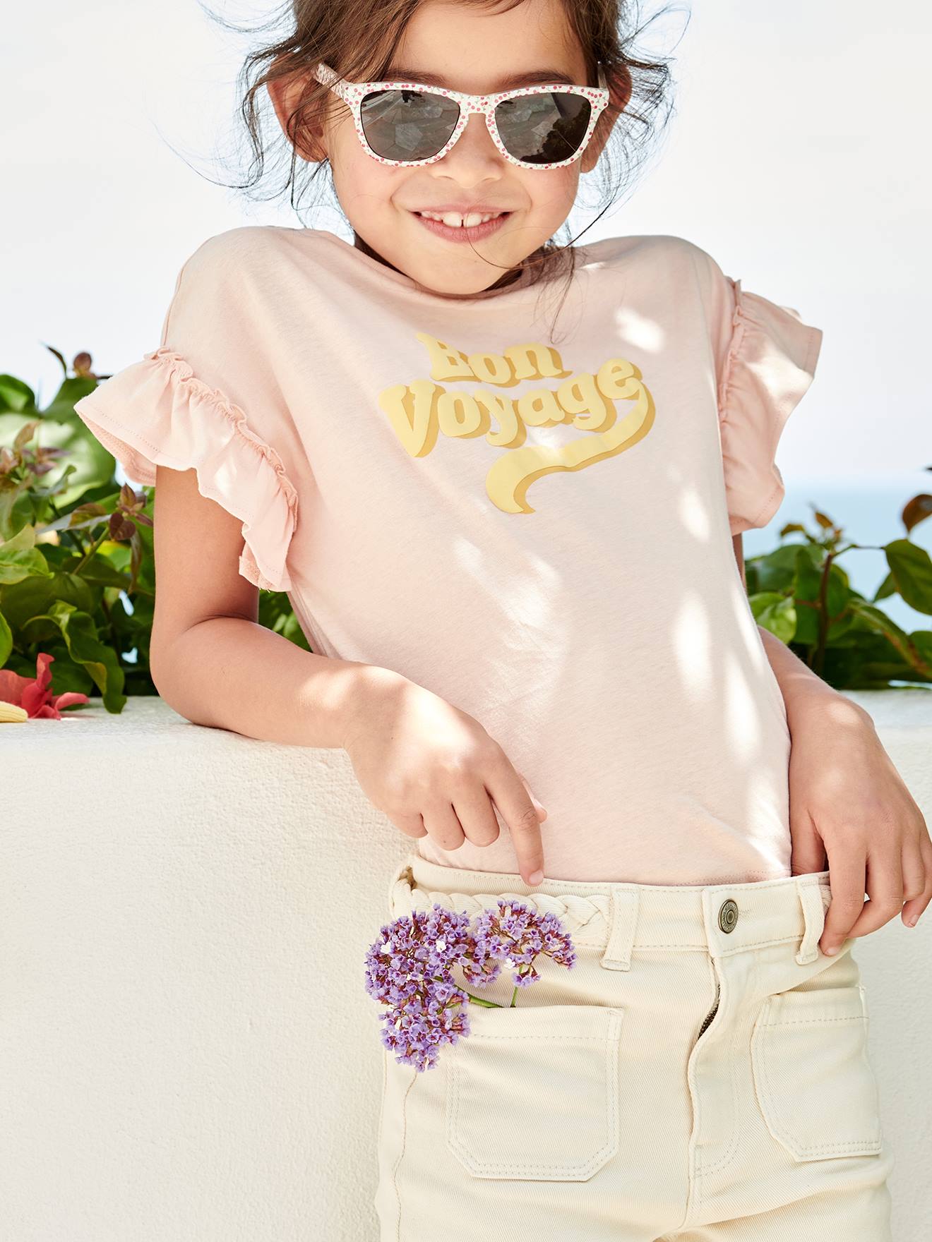 T-shirt à message en encre gonflante fille manches courtes volantées rose pâle