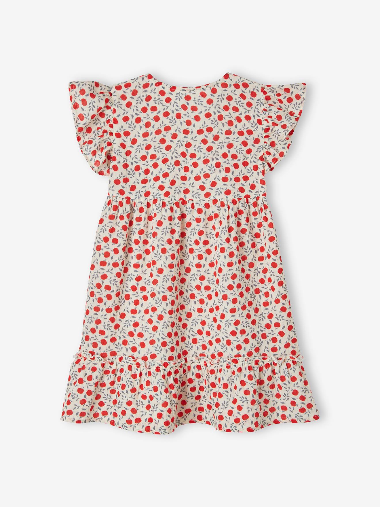 Robe en gaze de coton motifs pommes fille effet portefeuille écru