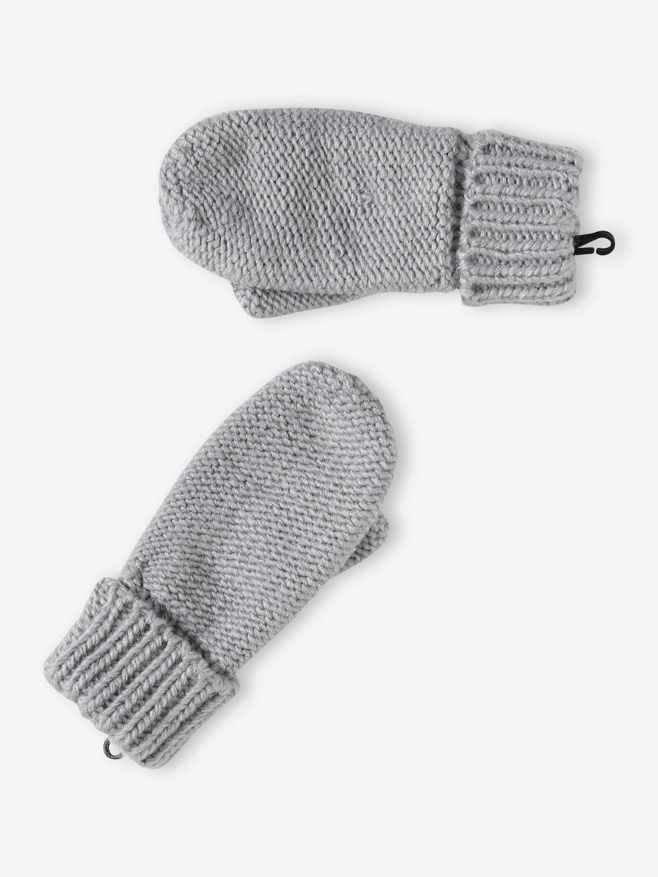 Ensemble bonnet + snood + gants ou moufles pompons fille gris chiné