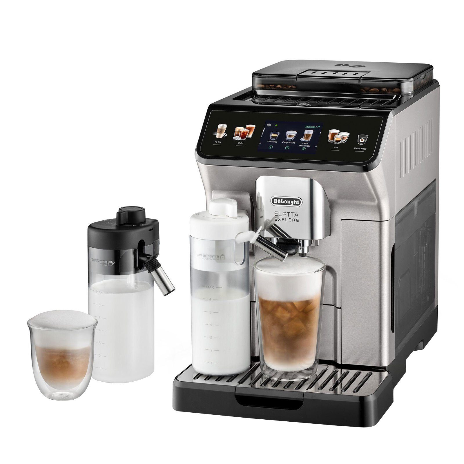 De'Longhi Kaffeevollautomat Ecam 450.55.S Eletta Explore, Kegelmahlwerk, Silber, TFT Touch Display, Milchbehälter