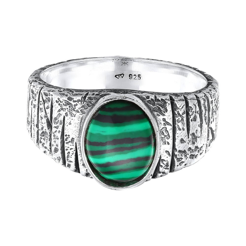 KUZZOI KUZZOI Bague Hommes Sceau Ovale Structuré avec Malachite Vert en Argent Sterling  Bague