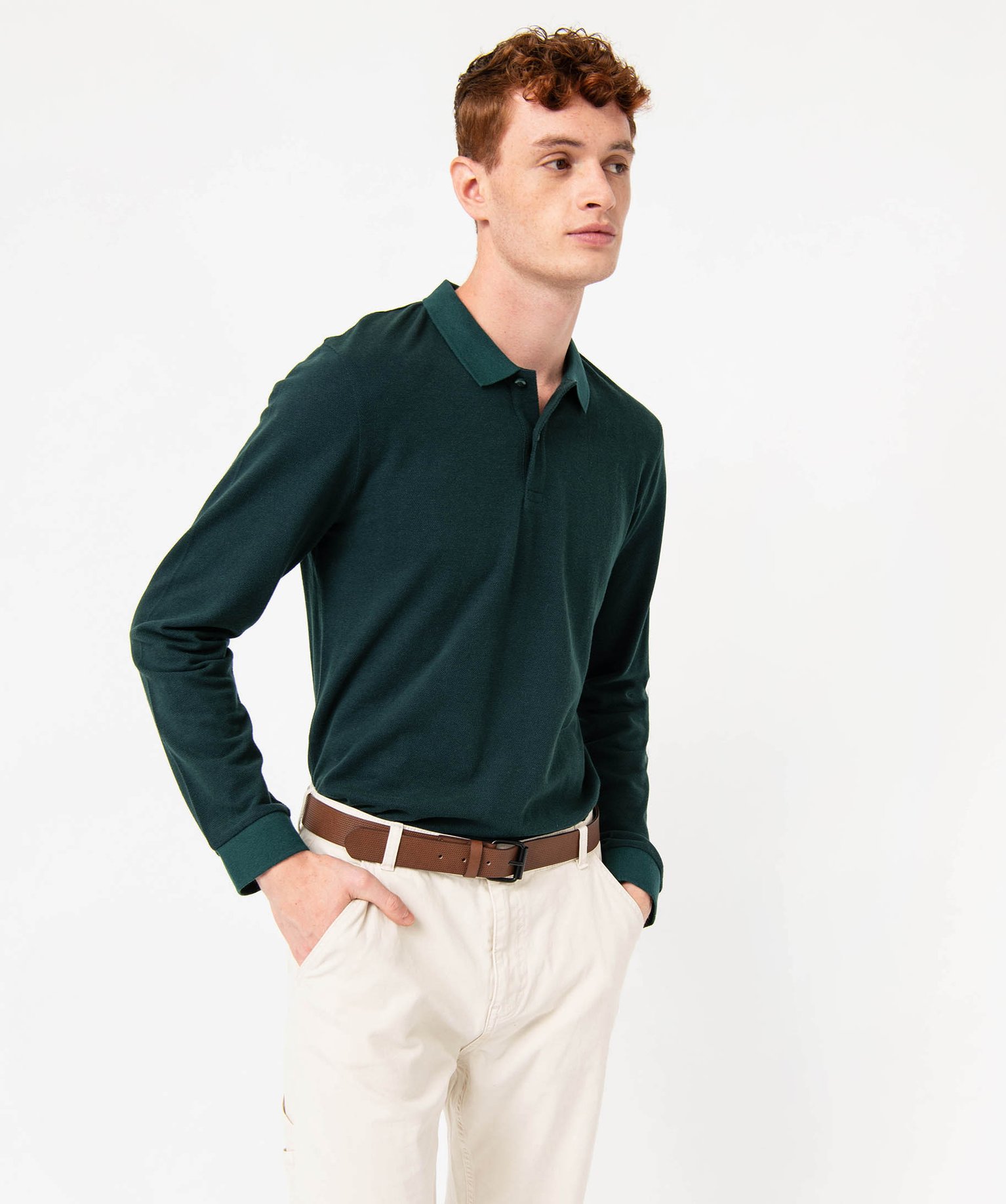 Polo à manches longues en maille piquée bicolore homme vert | GEMO