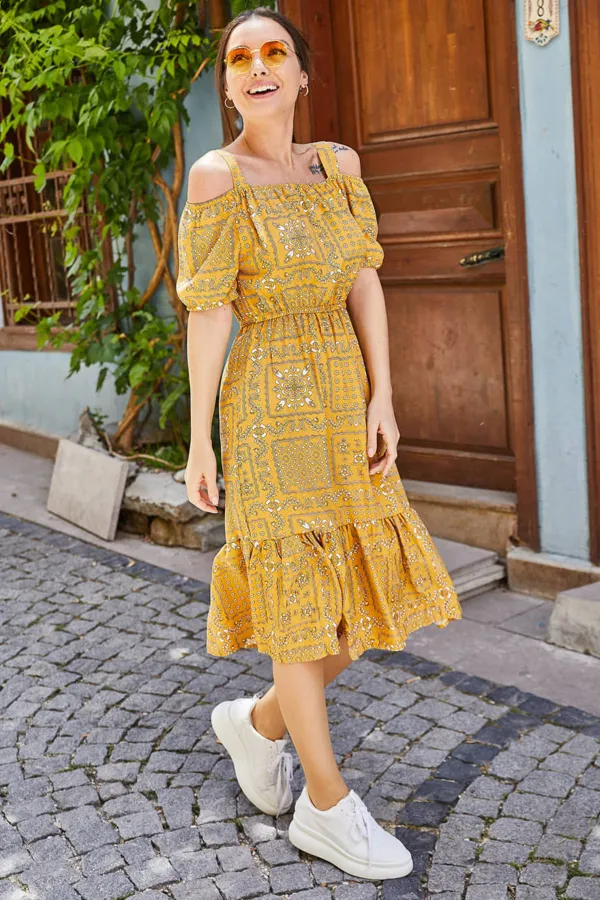 armonika  Senffarbenes, kariertes, floral gemustertes, geschnürtes Kleid mit elastischer Taille für Damen ARM-21K001202