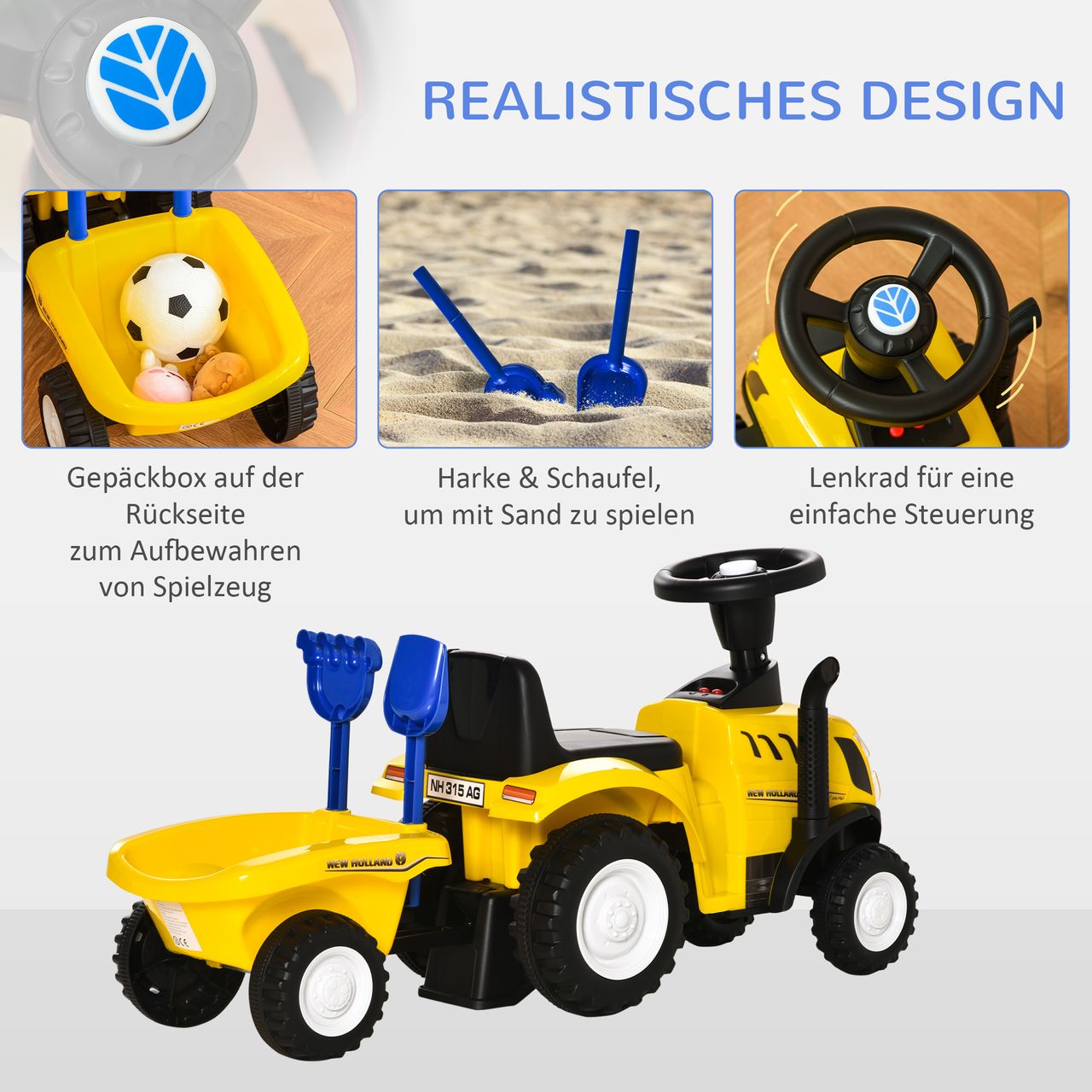 HOMCOM Kinderfahrzeug Laufhilfe mit Anhänger, Hupe Kunststoff Metall Gelb