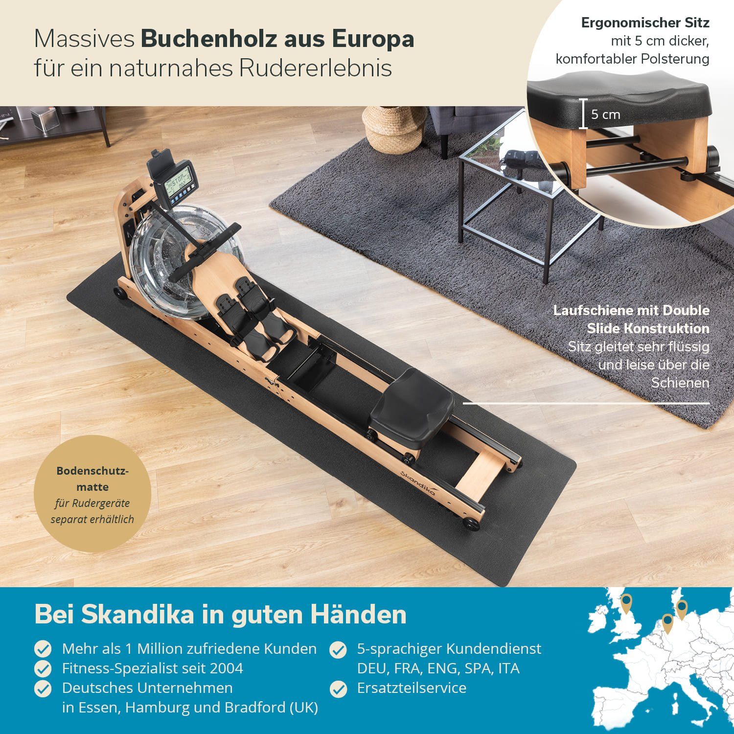 Skandika Rudergerät Nytta Wasserrudergerät für Zuhause, 45° Tank, Holz Rudergerät, klappbar, Kinomap App kompatibel, Buche