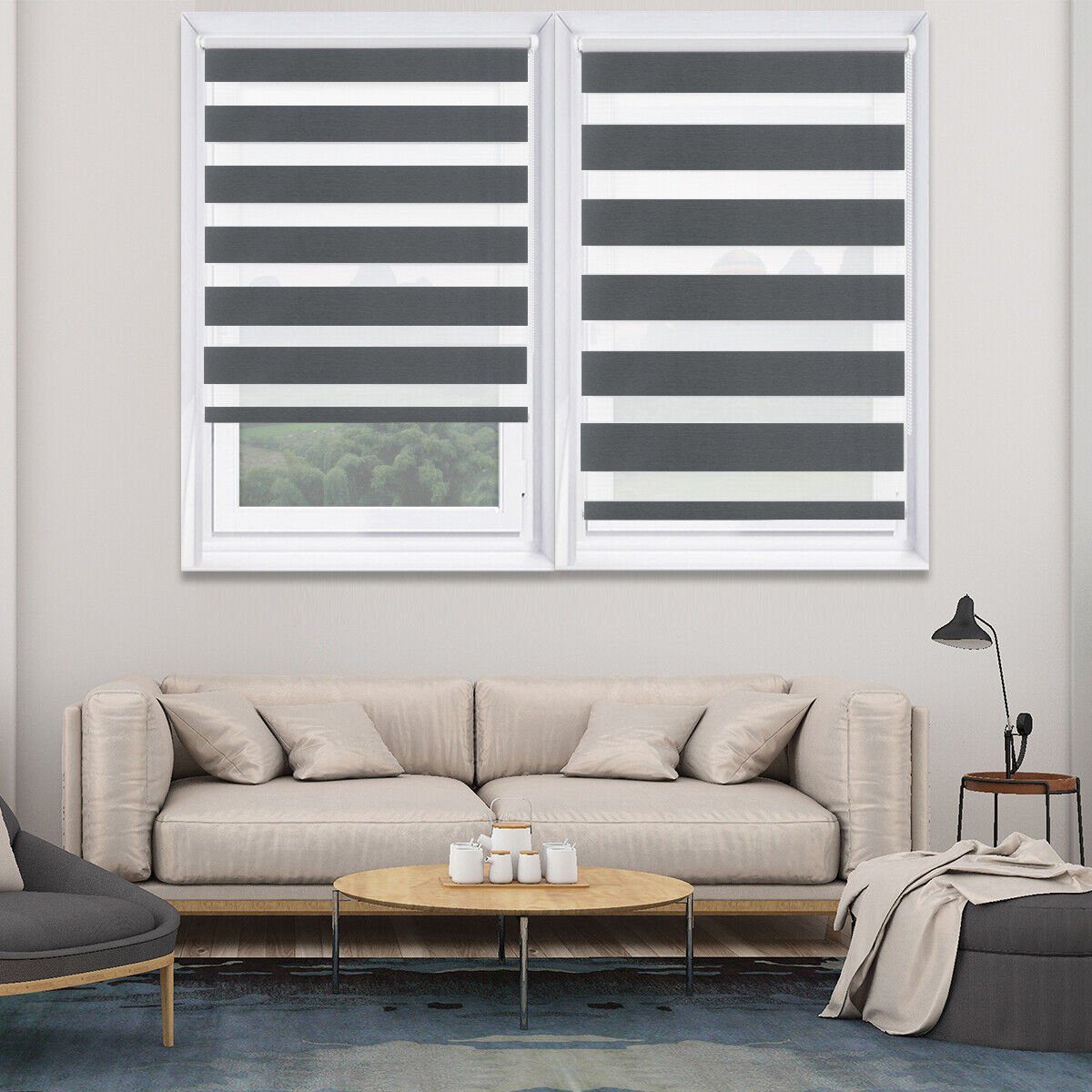 Doppelrollo ohne Bohren 130cm/150cm/230cm, OUBO, freihängend, verspannt, Klemmfix, Klemmträger, Für Fenster und Tür mit Klemmträger lichtdurchlässig verdunkelnd