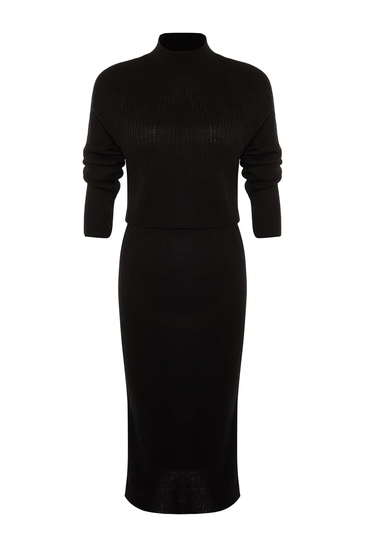 Trendyol Collection  Schwarzes, kurzes Basic-Set aus Strickoberteil und -unterteil mit Rock TWOAW23AU00170