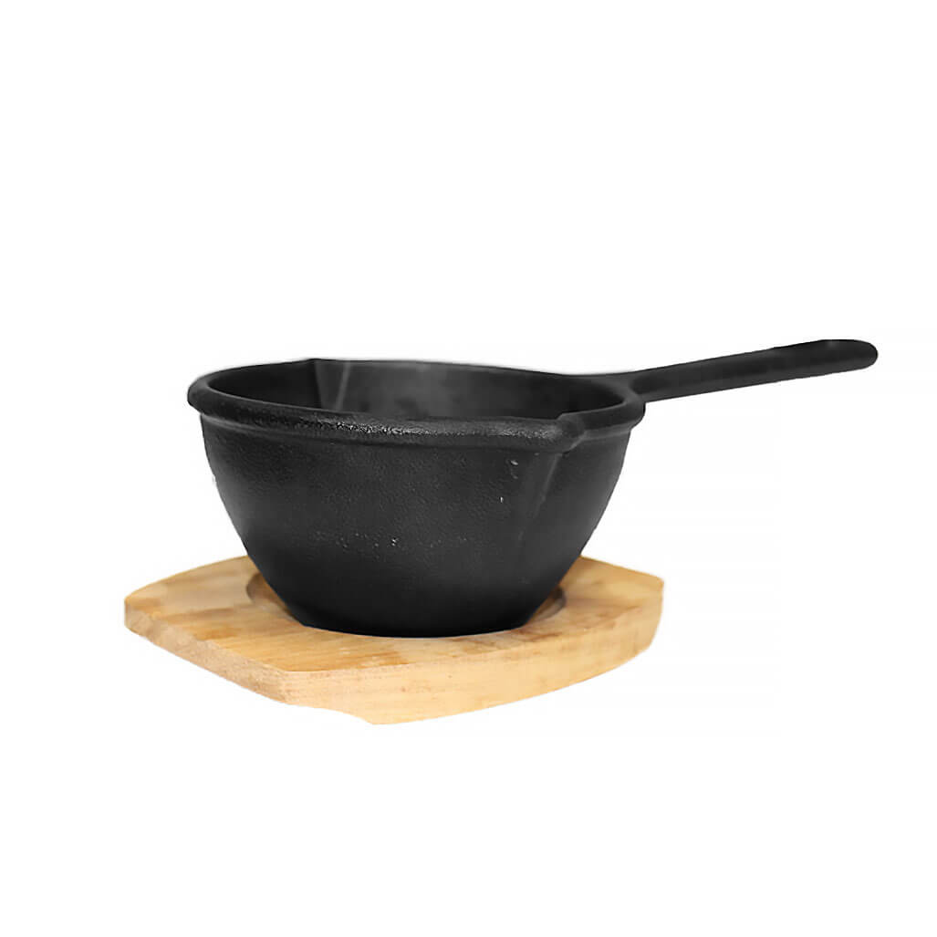 Allgrill Gusseisen Soßentopf Ø 12 cm mit Holzuntersetzer