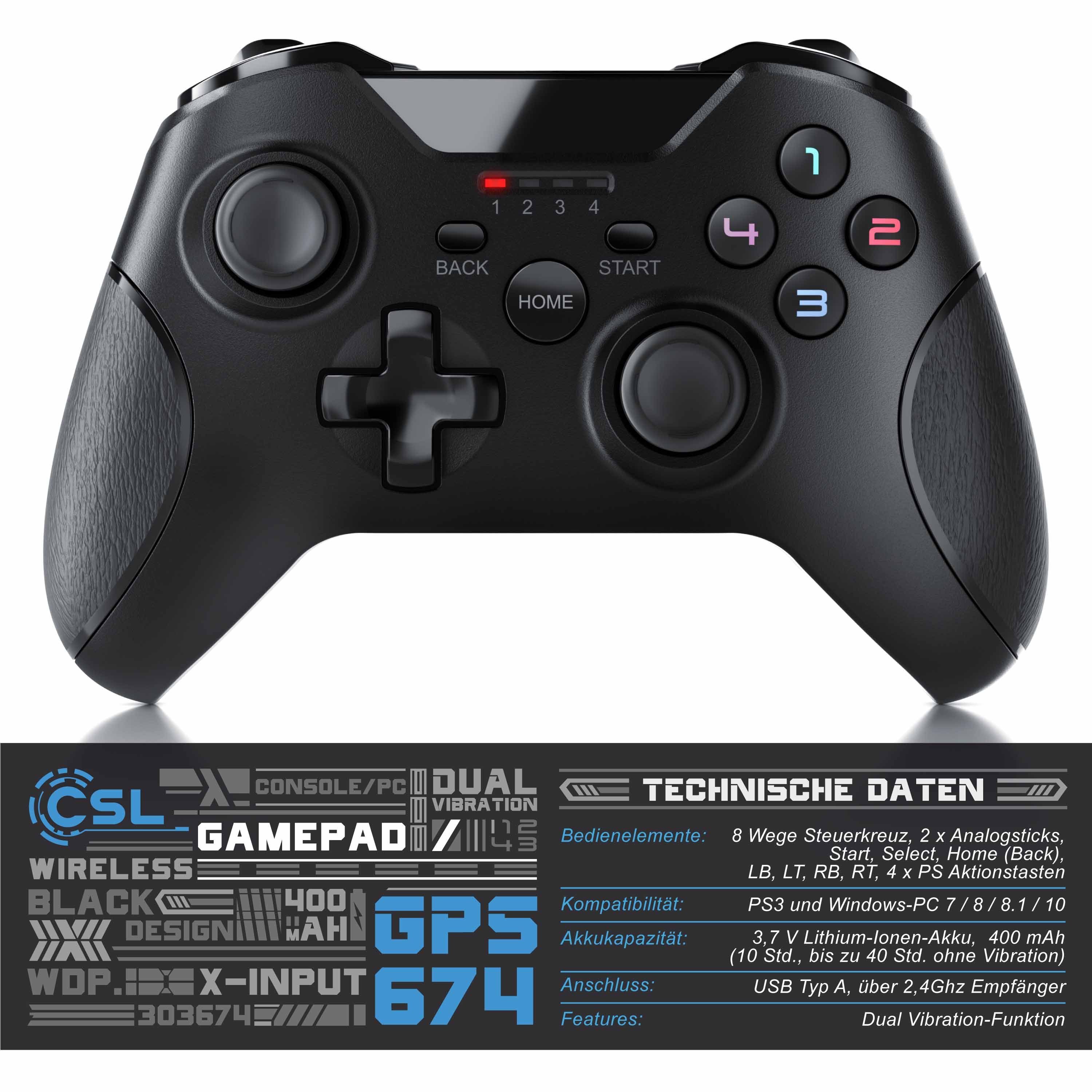 CSL Gaming-Controller (1 St., Wireless Gamepad für PC & PS3 im Xbox-Design, kabellos, 2,4 Ghz Dongle)