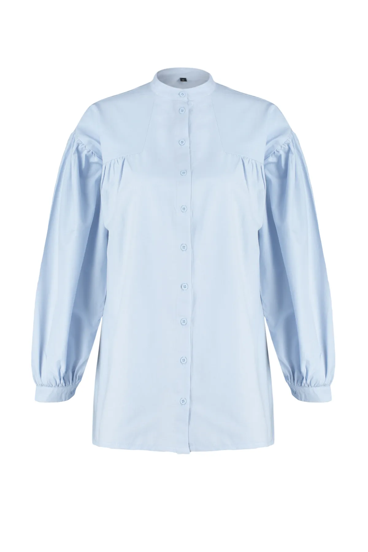 Trendyol Modest  Hellblaues Basic-Webhemd aus Baumwolle mit Rüschendetails TCTSS24TG00055
