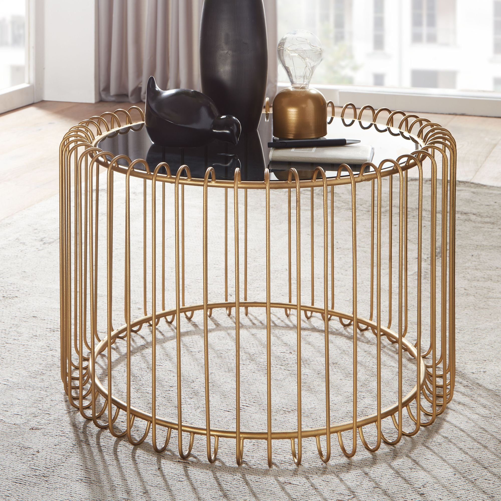 FINEBUY Couchtisch FB41451 (60x60x40 cm Gold, Sofatisch Metall Glas Rund), Wohnzimmertisch Korbtisch, Tisch Wohnzimmer