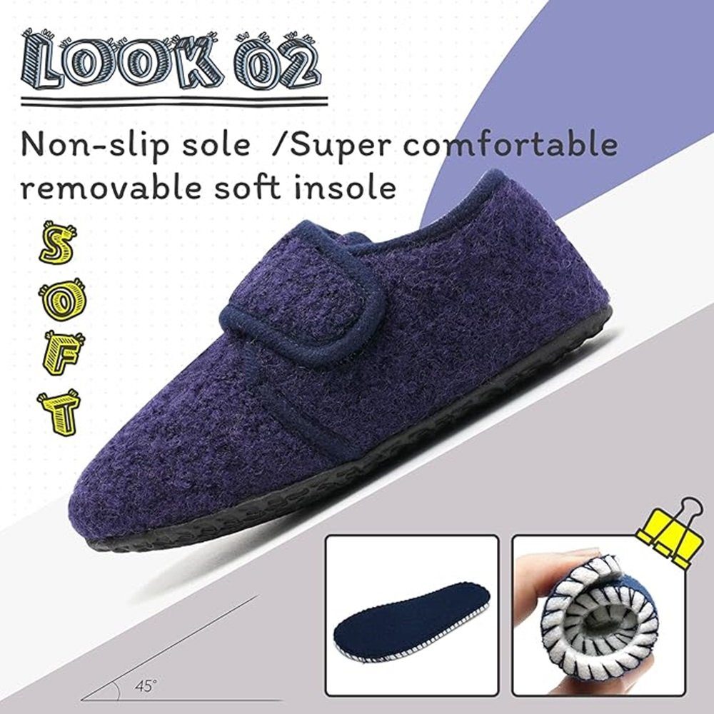 IceUnicorn Kinder-Hausschuhe - Wärmende, rutschfeste Slipper, Klettverschluss Hausschuh (1Paar Kinderhausschuhe, herausnehmbare waschbare Innensohle, rutschhemmder Sohle) Rutschfeste Gummisohle für sicheren Halt