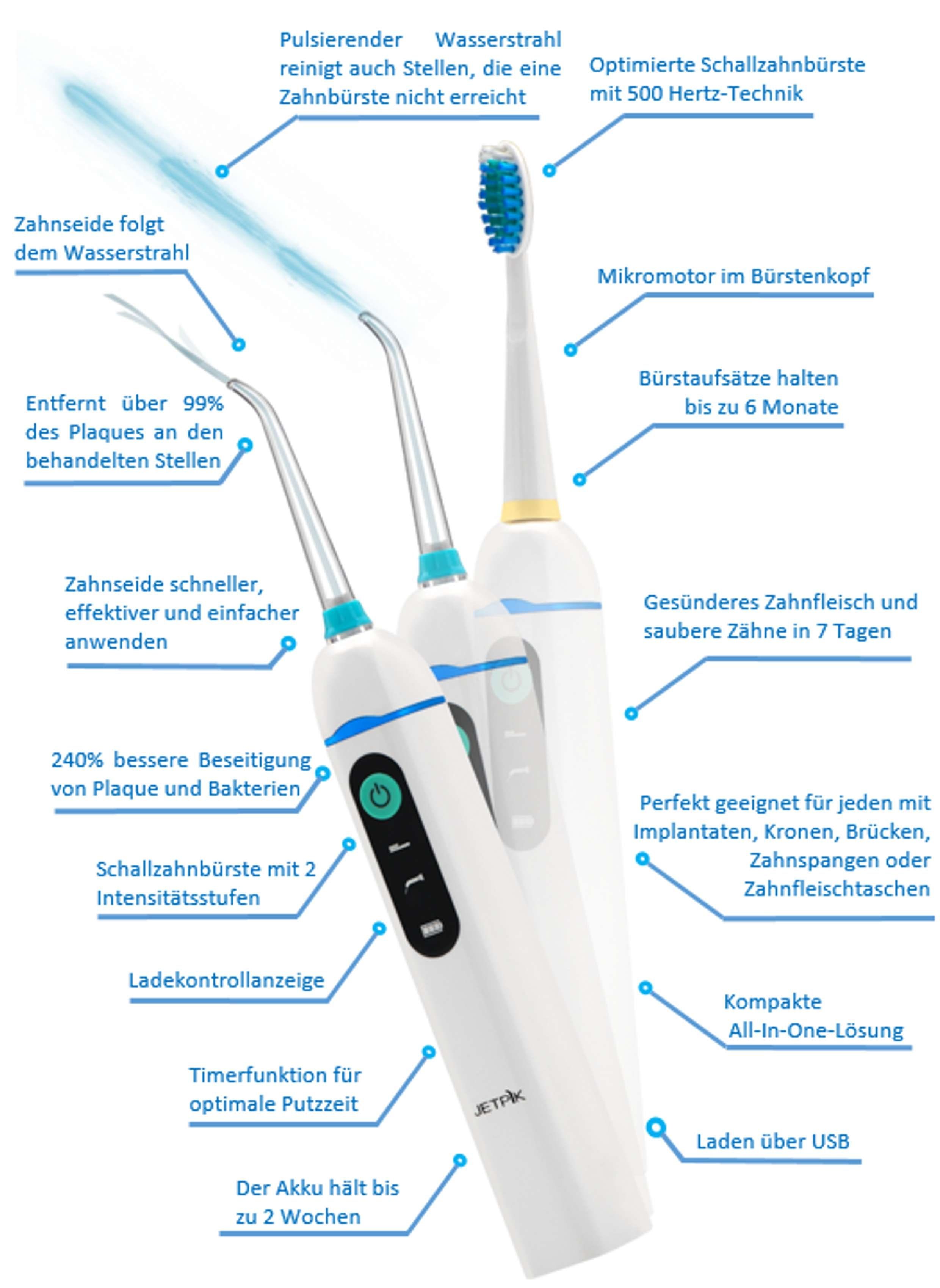 JETPIK Mundpflegecenter JP 210 Solo, Set, 3 in 1, innovatives 3-in-1-System: Schallzahnbürste, Munddusche und Zahnseide