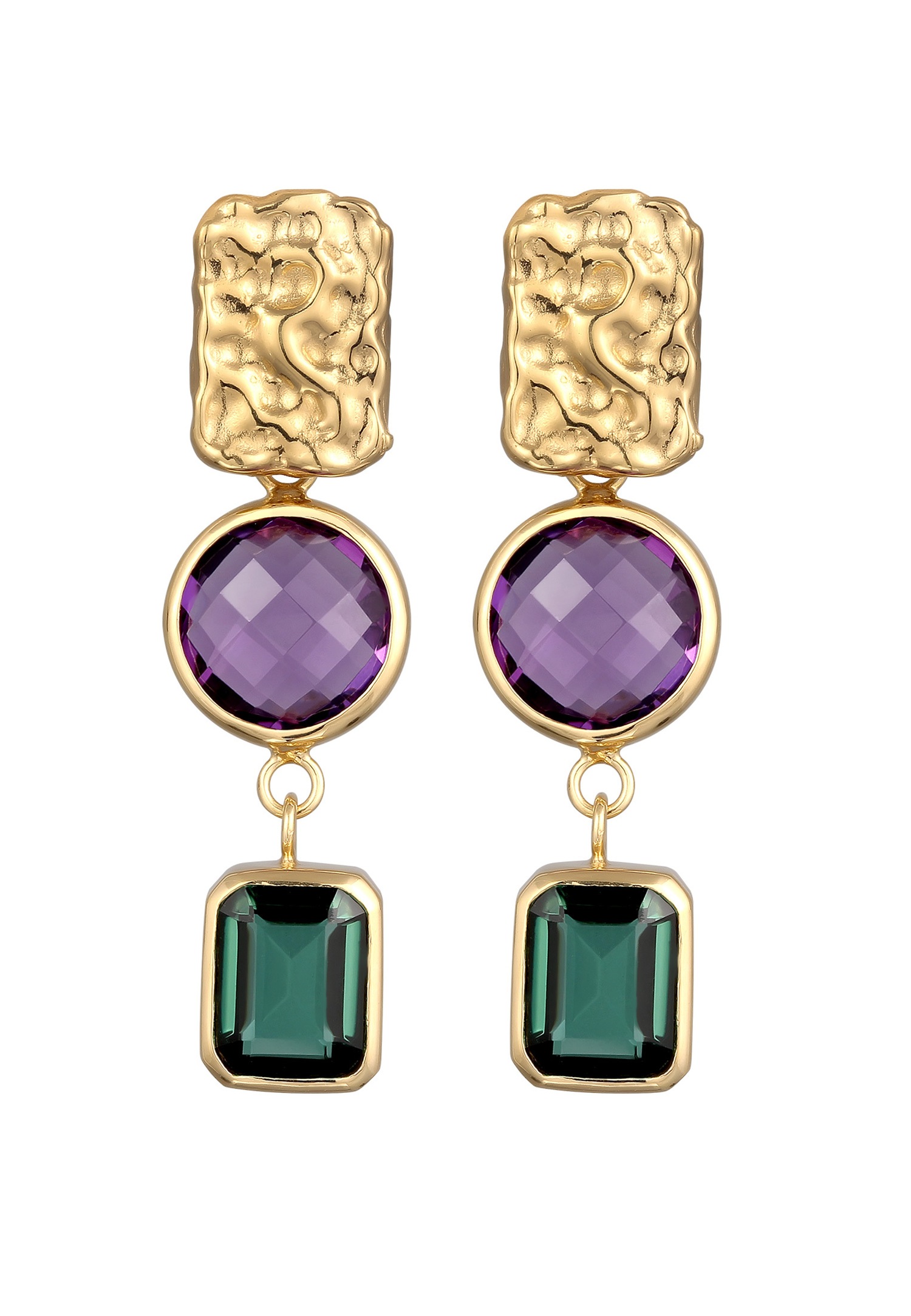 Orecchini da donna Elli PREMIUM con ametista organica, quarzo lilla, taglio smeraldo, argento sterling 925 placcato oro.
