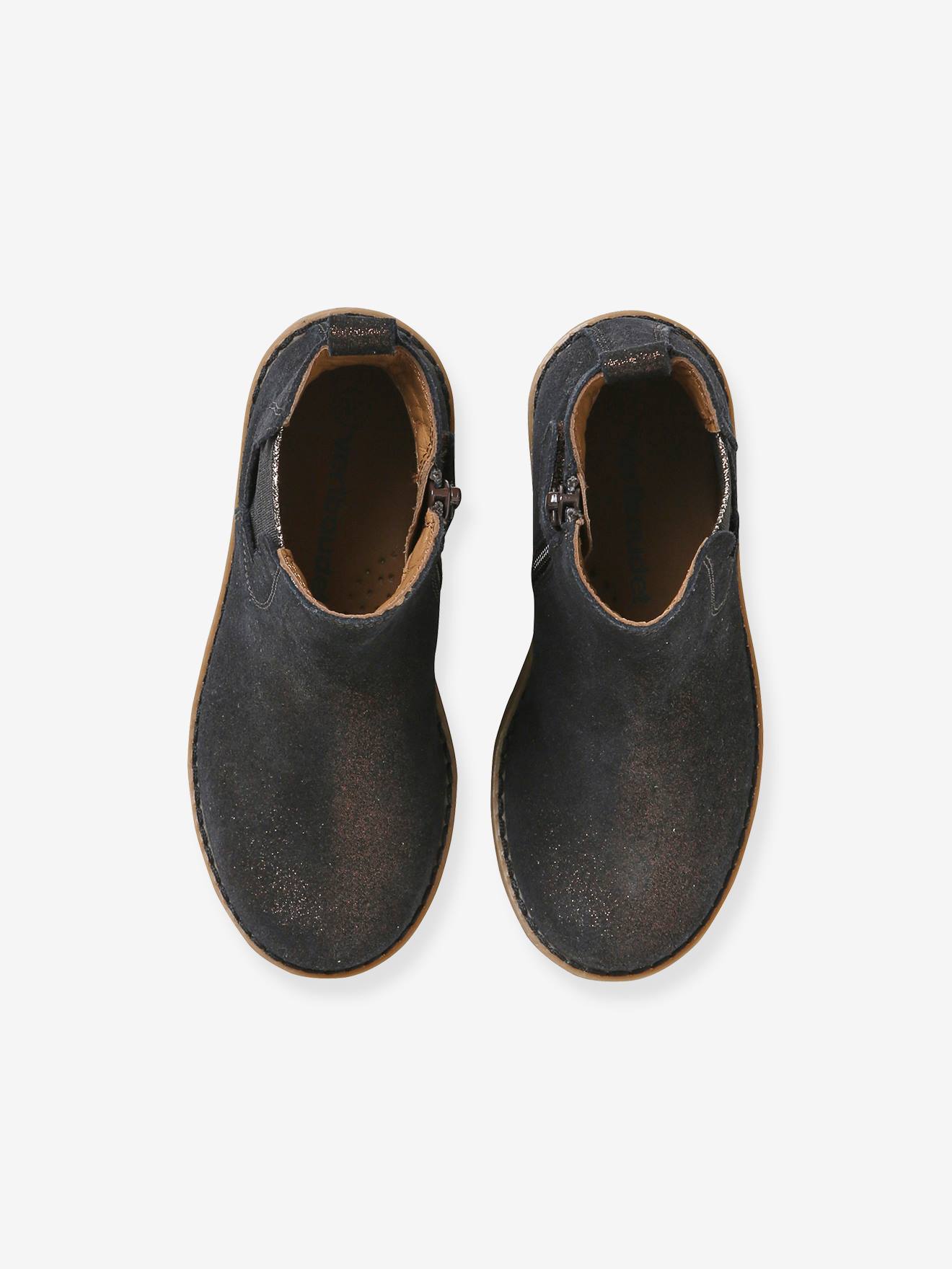 Boots cuir fille zippées et élastiquées marron irisé
