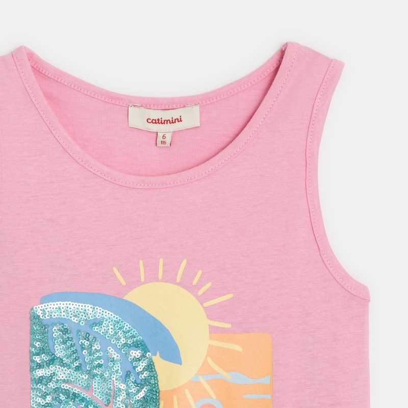 Débardeur fille rose à imprimé plage en coton recyclé Catimini
