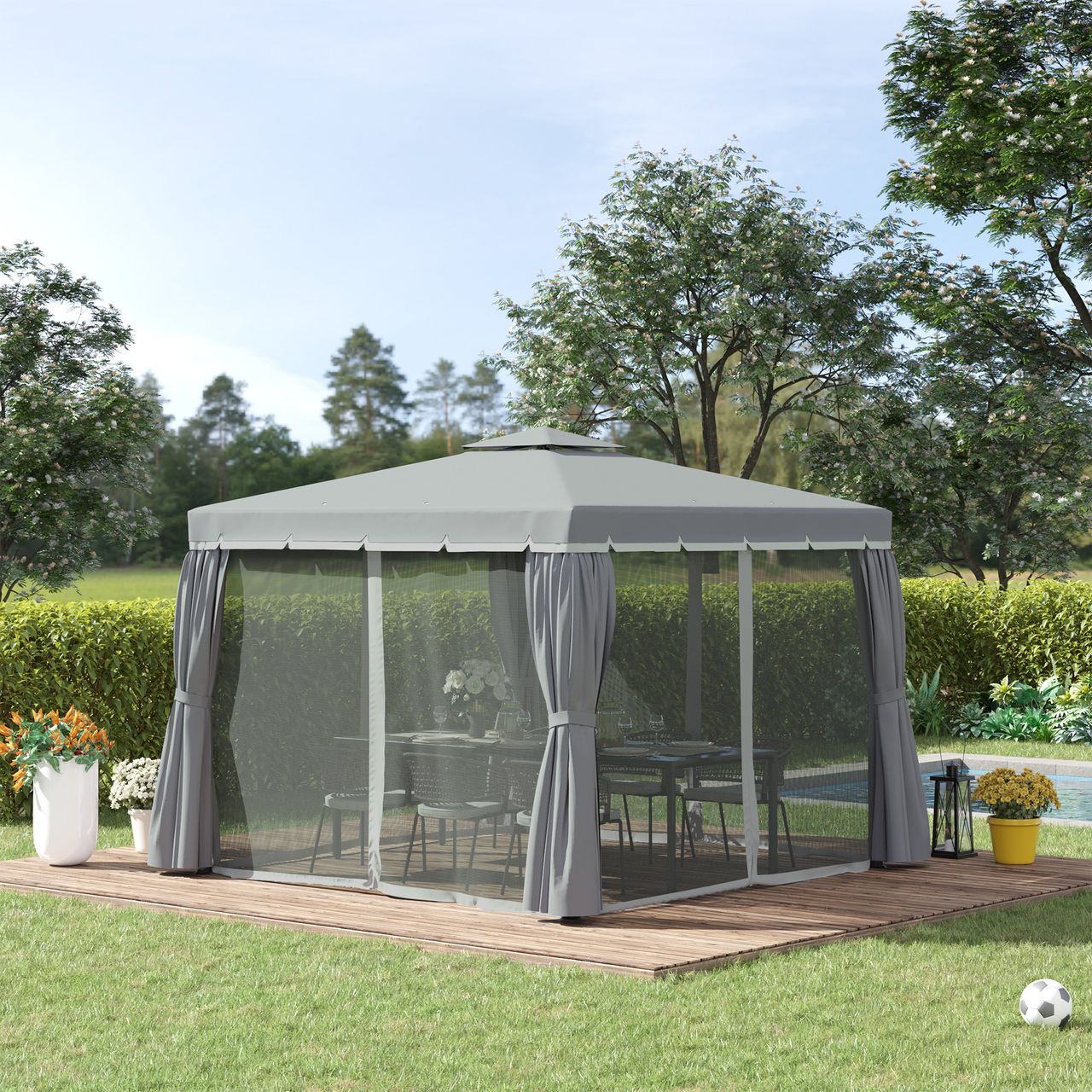 Outsunny Gartenpavillon Pavillon 2,96 x 2,96 mit Doppeldach Moskitonetz Alu