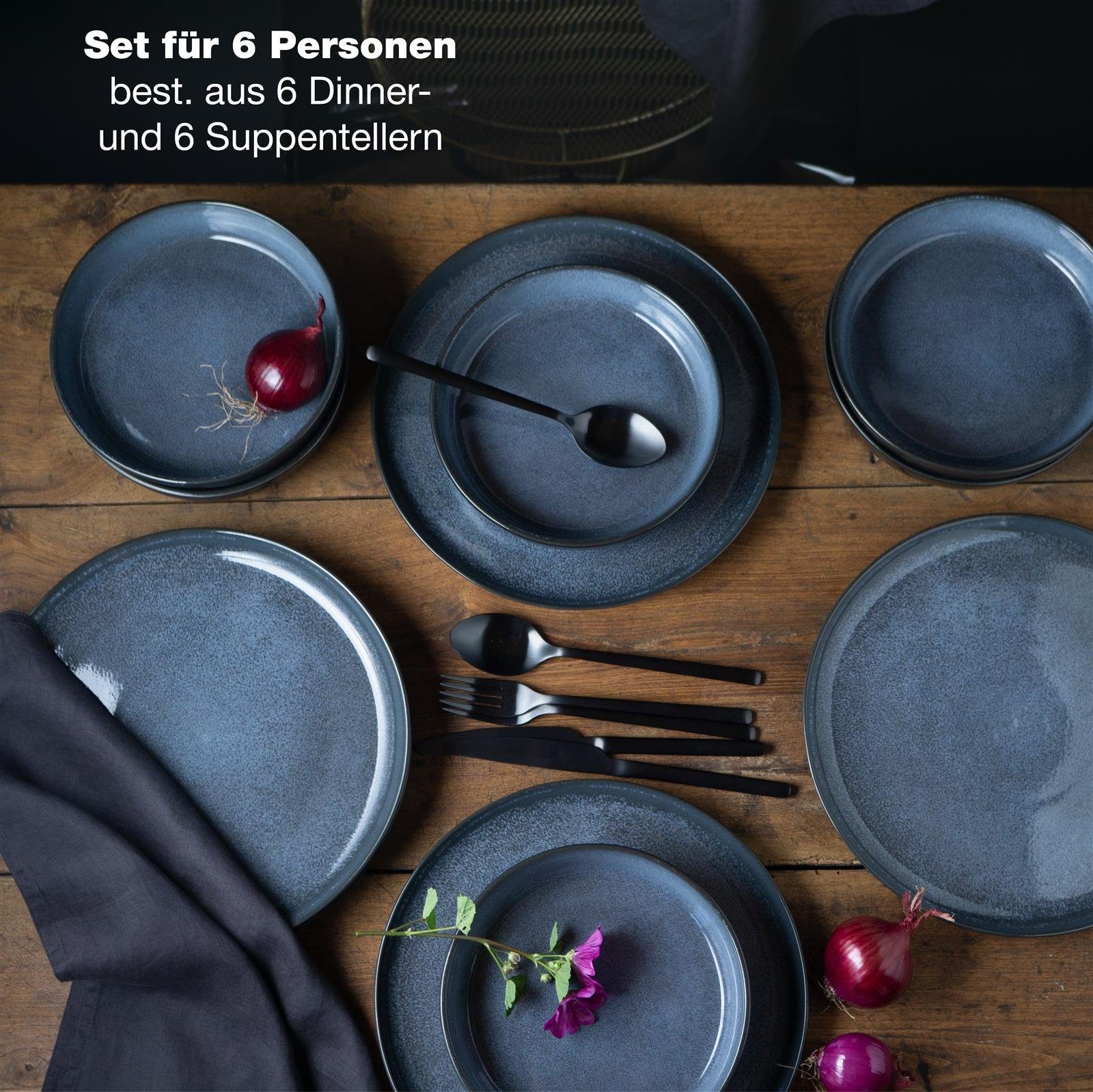 Moritz & Moritz Tafelservice Moritz & Moritz 12tlg Tafel Service Blau Geschirr Set Digital (12-tlg), 6 Personen, Kombigeschirr für 6 Personen