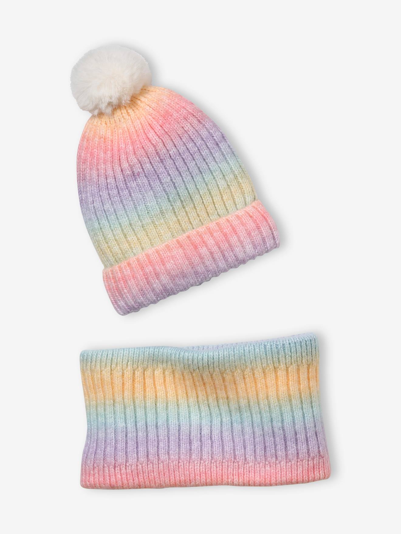 Ensemble bonnet et snood arc-en-ciel fille bleu clair bicolor/multicolor