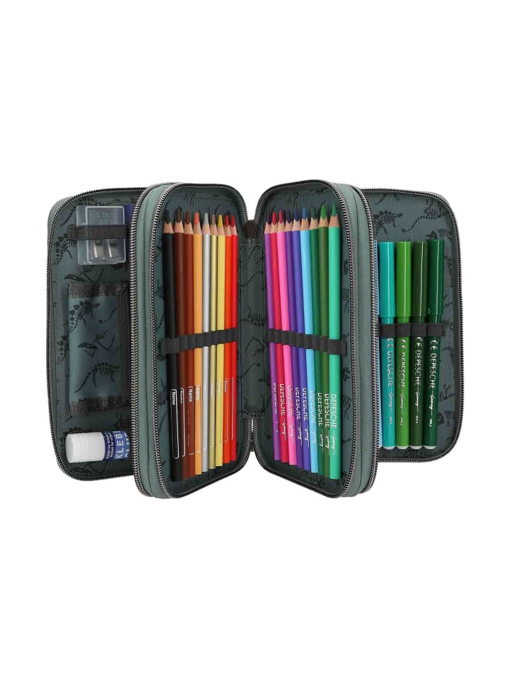 Depesche 3-Fach Federtasche BITE inkl. Stifte Dino World 20 x 13 x 7,5 cm in grau-grün günstig kaufen onesize