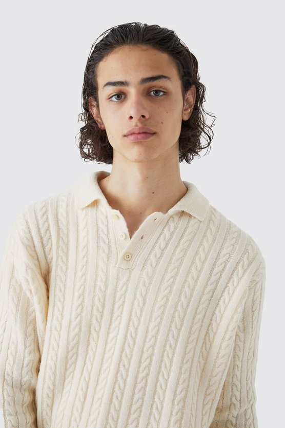 Langärmliges kastiges Zopfmuster-Poloshirt