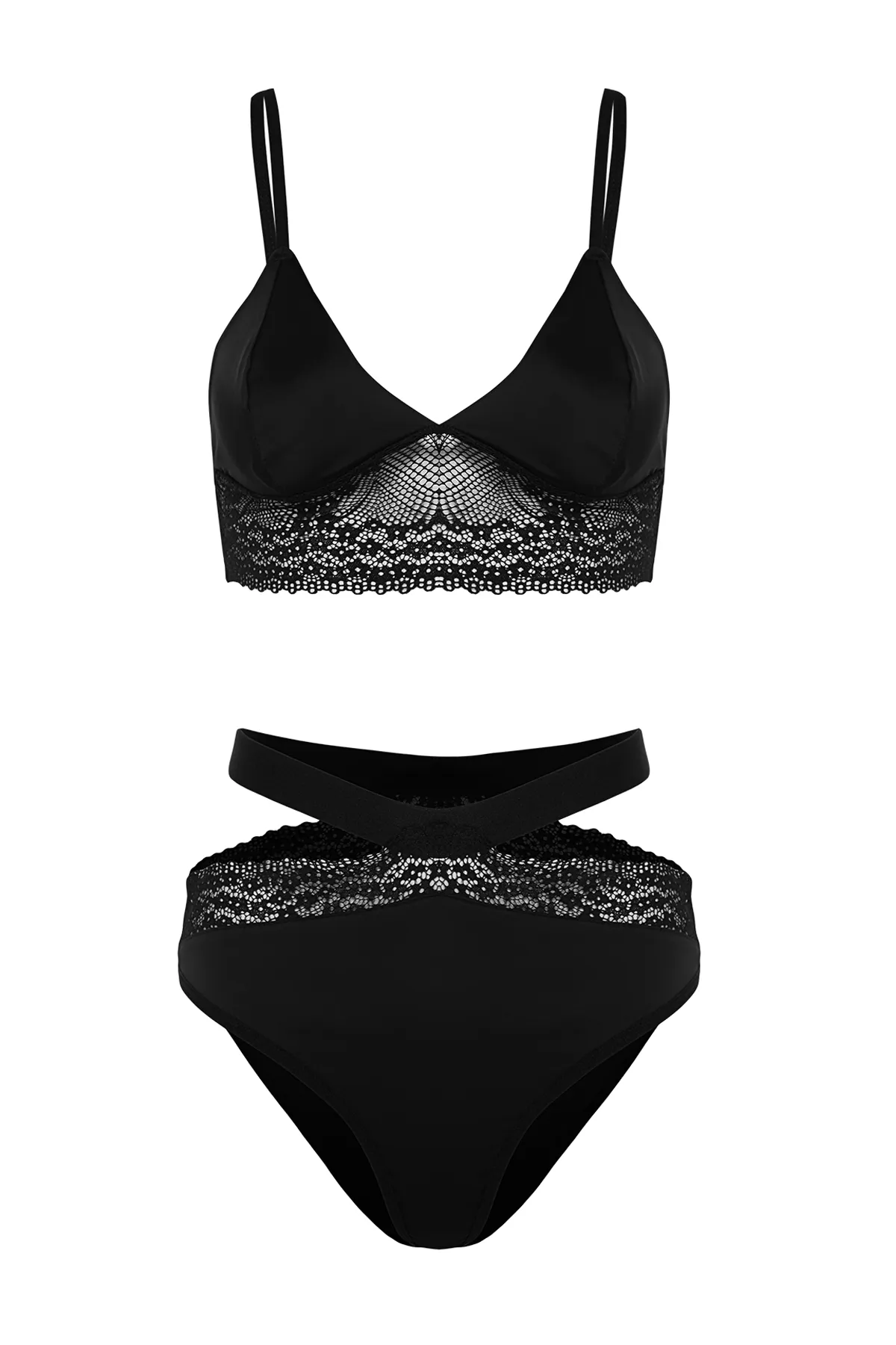 Trendyol Collection  Schwarzes, kappenloses Unterwäsche-Set aus Strick mit Satinspitze und Seilriemen THMSS23CC00094