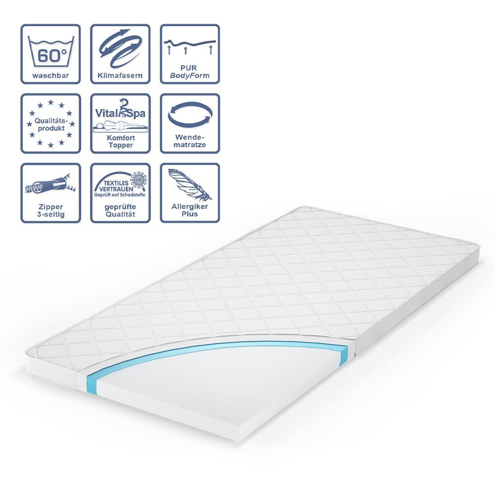 Topper Komfortschaumtopper Matratzenschoner 90x200 cm Weiß, VitaliSpa®, 6 cm hoch, Polyester