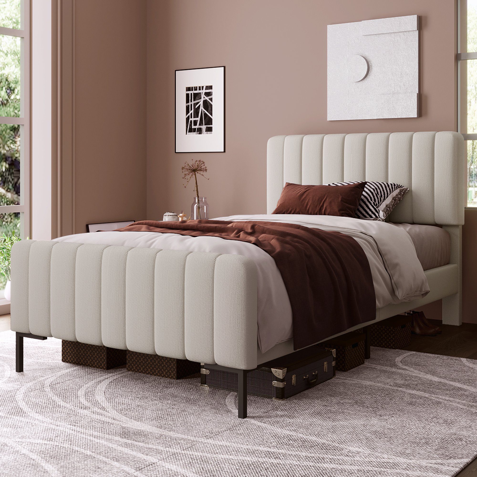 WISHDOR Polsterbett Einzelbett Stauraumbett Bett (90 x 200 cm Beige ohne Matratze), Bettgestell mit Lattenrost und Verstellbares Kopfteil