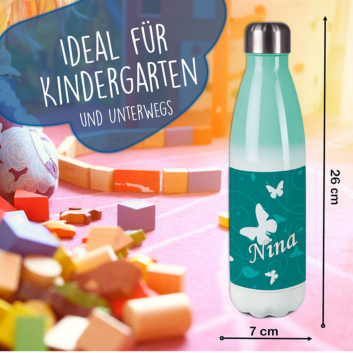 Edelstahl Kinder Thermoflasche / Trinkflasche bunt Schmetterling Ornamente Farbe petrol Spülmaschinenfest, Auslaufsicher, Bruchfest, Doppelwandig, Für Heißgetränke geeignet, Mit Deckel, Isoliert