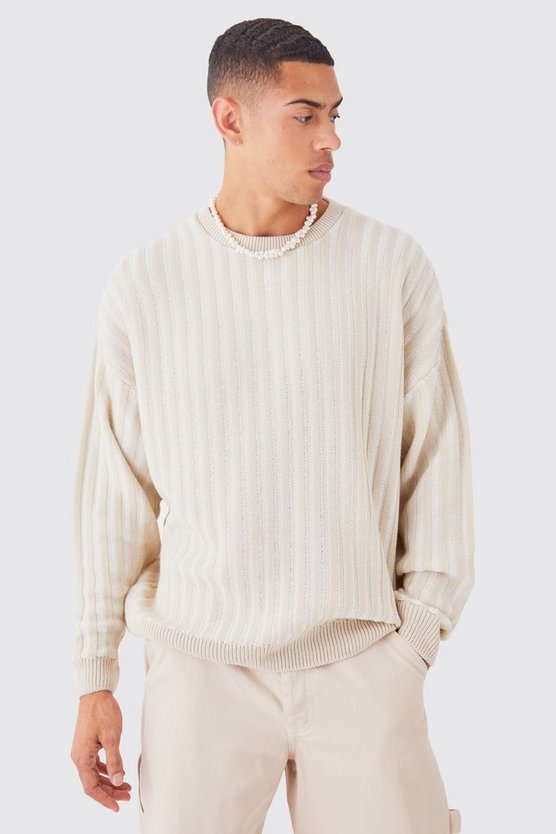 Zweifarbiger gerippter Oversize Rundhals-Pullover
