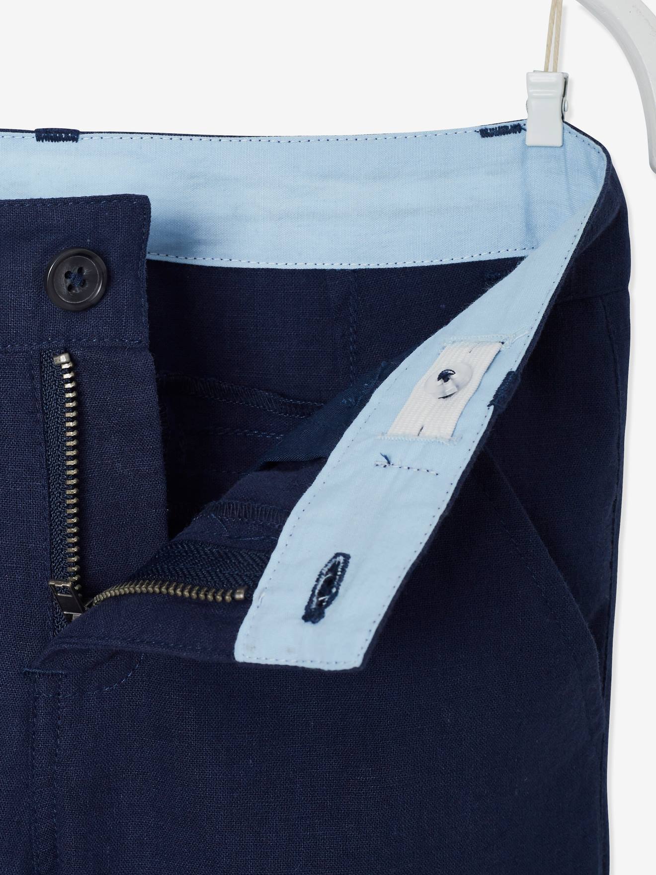 Pantalon chino garçon en coton/lin marine foncé
