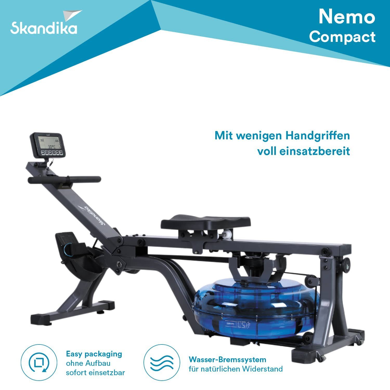 Skandika Rudergerät Nemo Compact, Wasser Rudergerät klappbar, Bluetooth, App kompatibel, bis 130 kg
