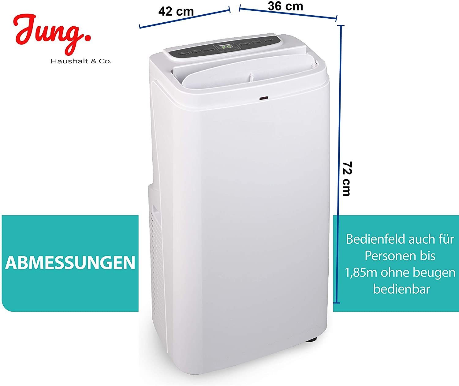 JUNG 3-in-1-Klimagerät TV06 mobile Klimaanlage mit Fernbedienung 3.6 KW, mobiles Klimagerät, 12000BTU leise, Abluftschlauch, Timer Airconditioner Luftkühler Mobil