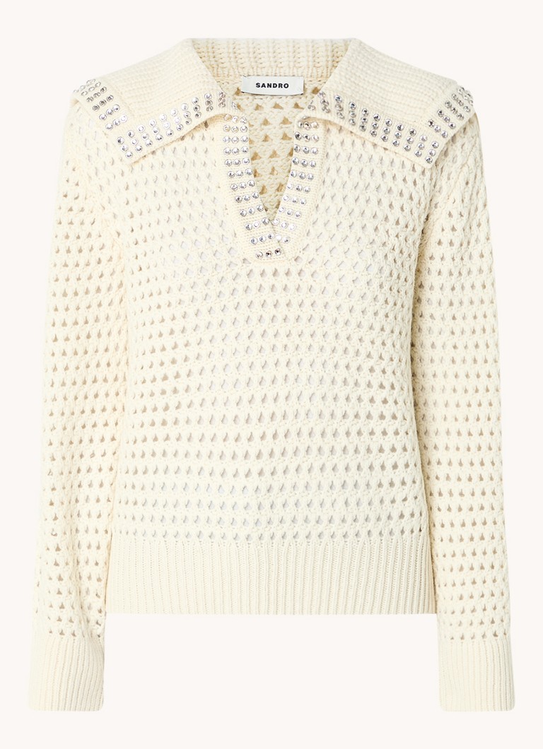 Sandro Chunky knit wool sweater with openwork detail and rhinestones