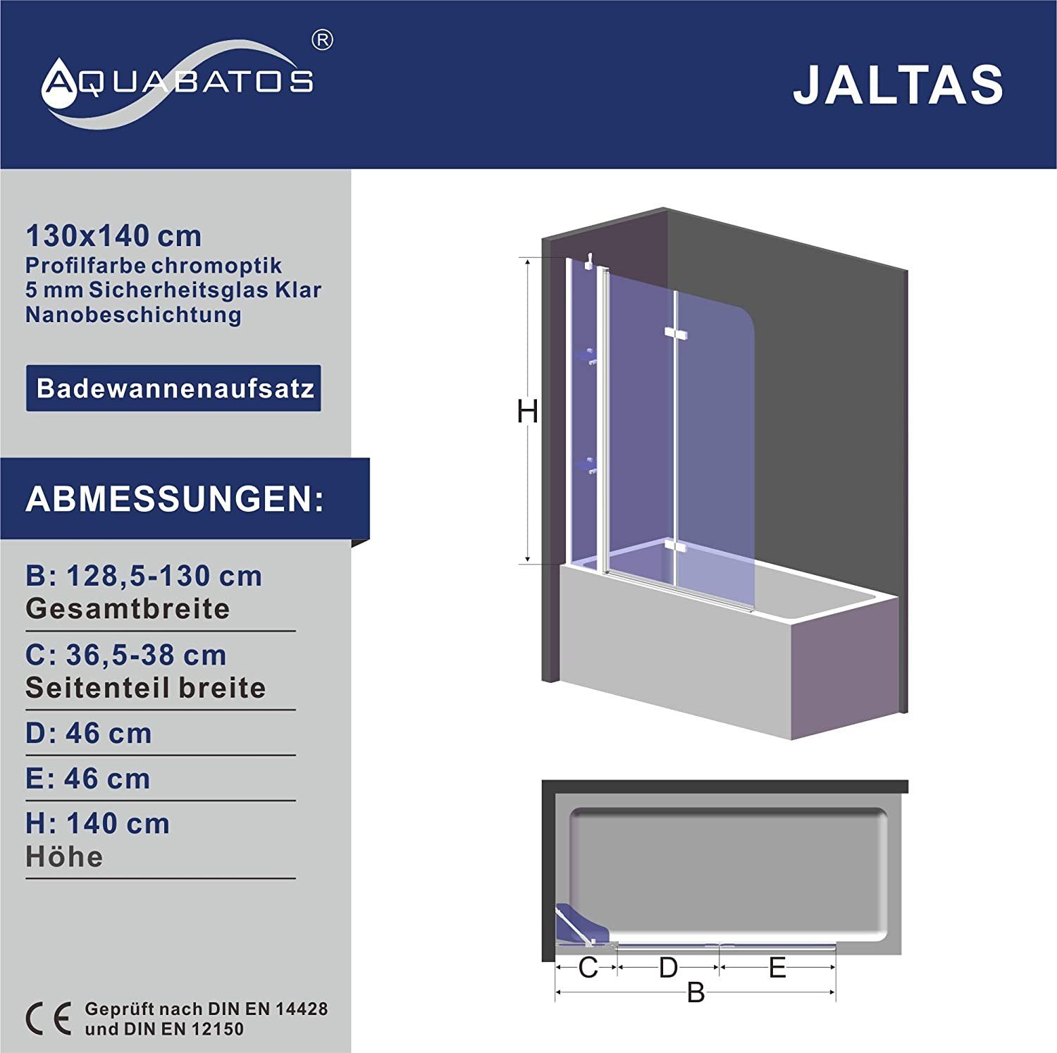 AQUABATOS Badewannenaufsatz Badewannenaufsatz Duschwand Duschabtrennung faltbar mit Duschablagen, 5 mm Einscheiben-Sicherheitsglas (ESG) mit Nanobeschichtung, Lotuseffekt, großer Verstellbereich, mit Acryl- Duschablage