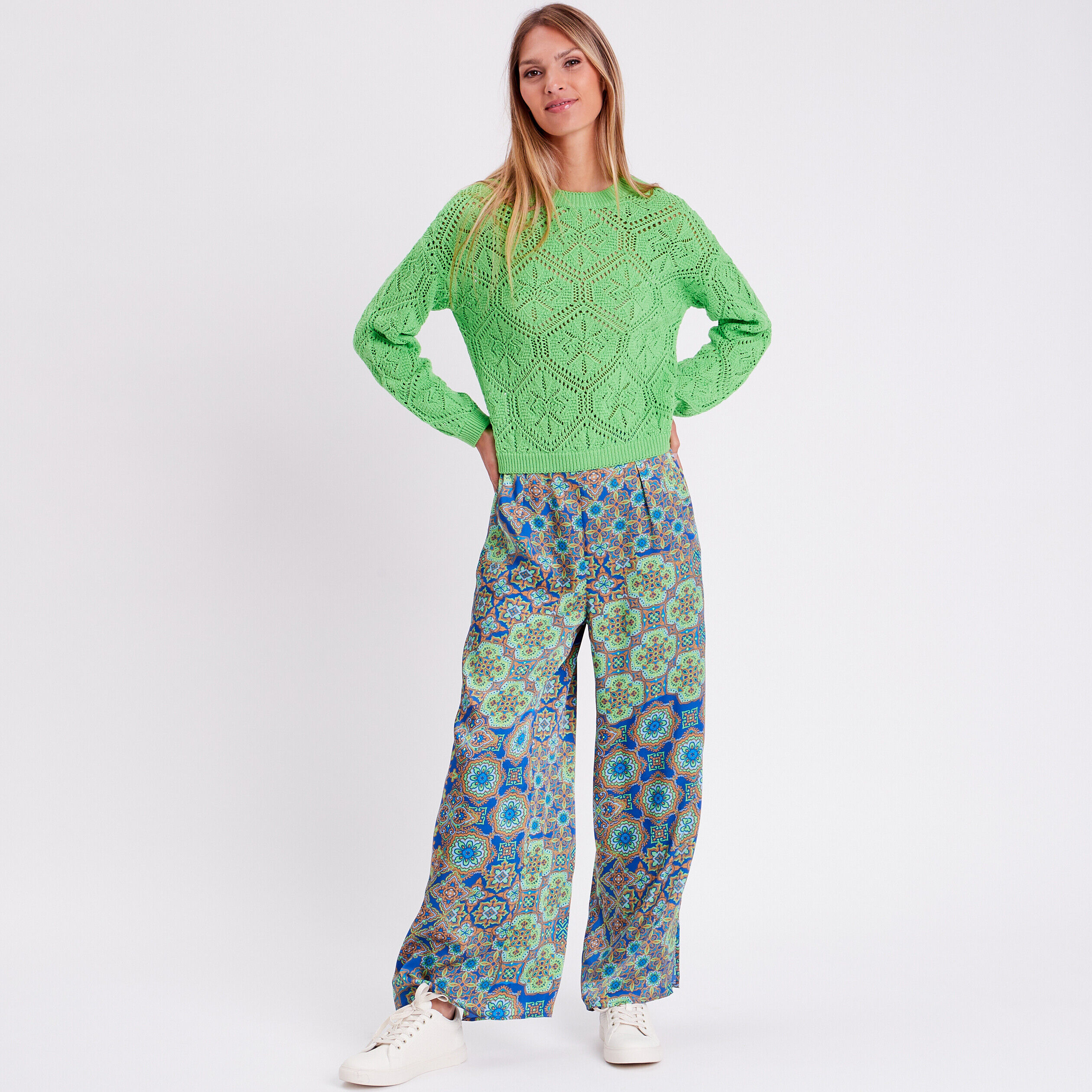 Pantalon large fendu satin bleu roi femme | Cache Cache