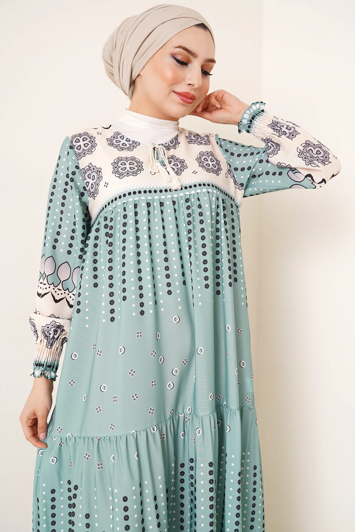 Bigdart  2175 Gemustertes Hijab-Kleid in voller Länge – D.mint