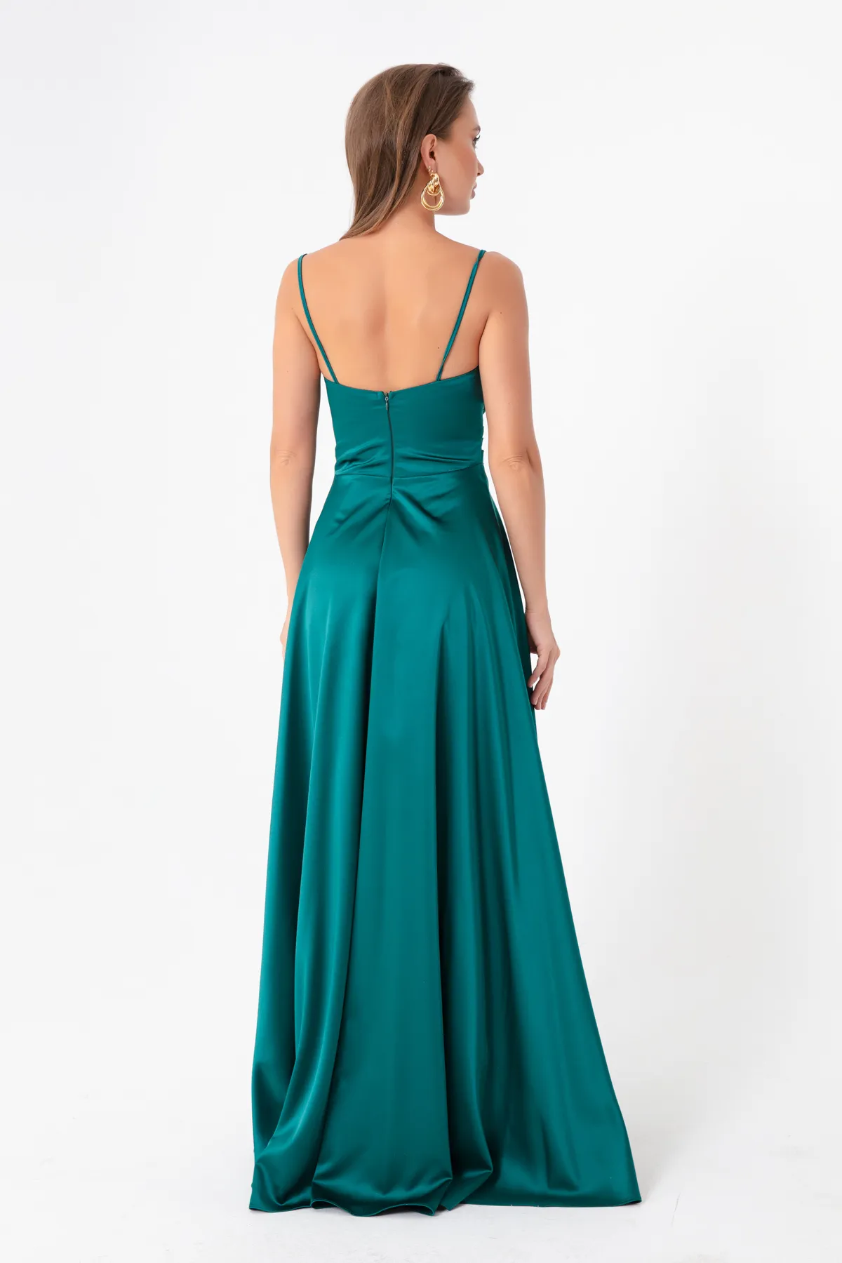 Lafaba  Smaragdgrünes langes Abendkleid und Abschlusskleid aus Satin mit Seilriemen und Taillengürtel für Damen